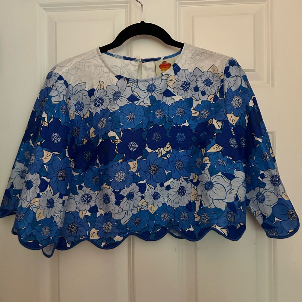 FARM Rio Blue Embellished Boxy Crop Blouse size medium